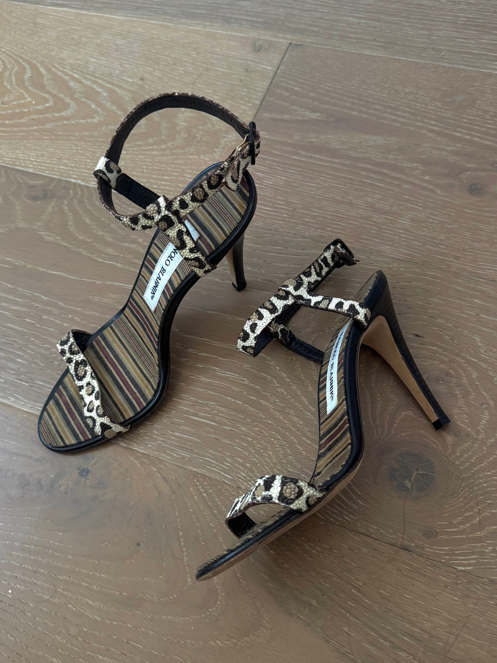 Manolo Blahnik Cheetah Print Heels with Striped Insole