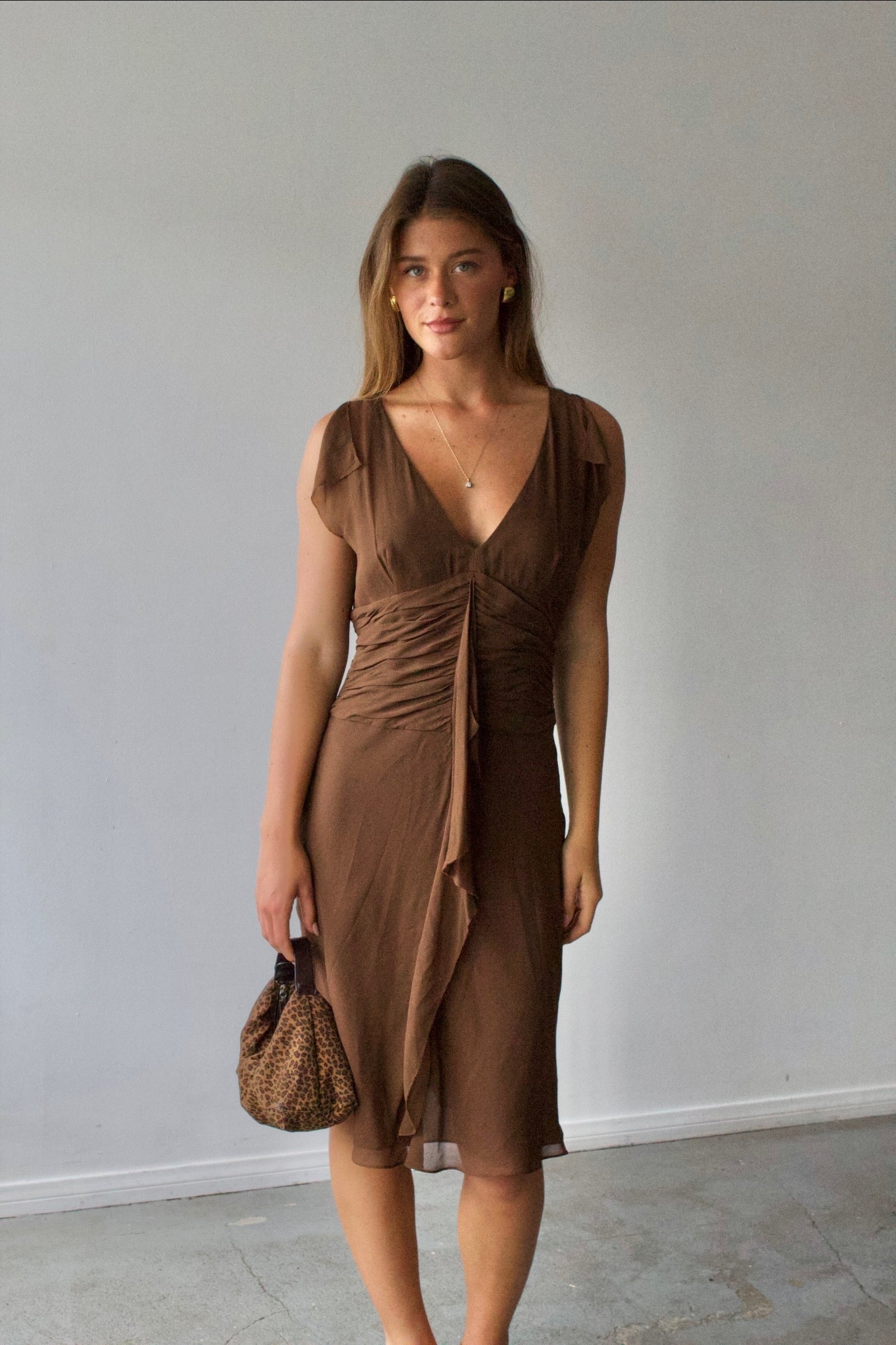 BCBG Silk Ruched Midi Dress