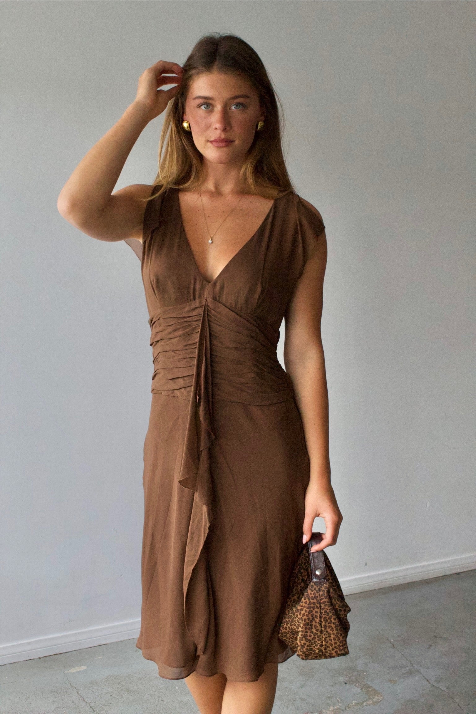 BCBG Silk Ruched Midi Dress