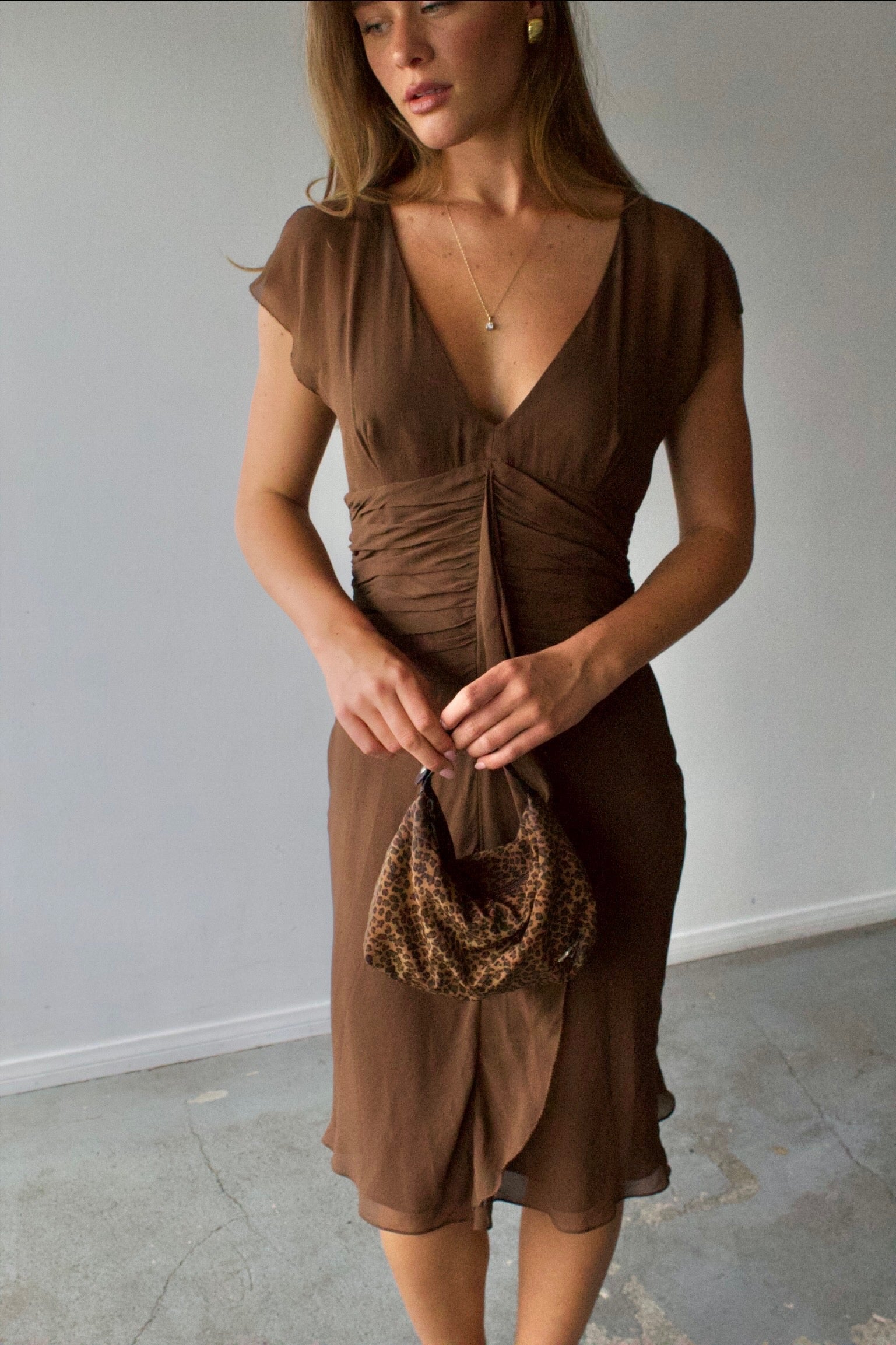 BCBG Silk Ruched Midi Dress