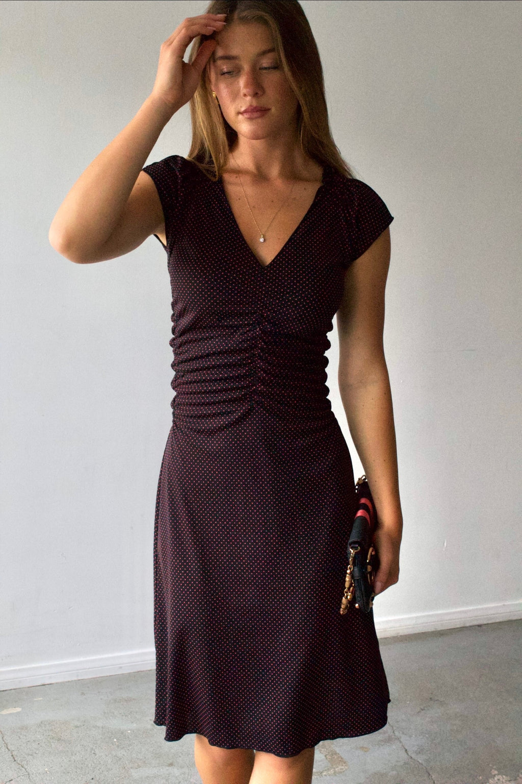Express Polka Dot Ruched Midi Dress