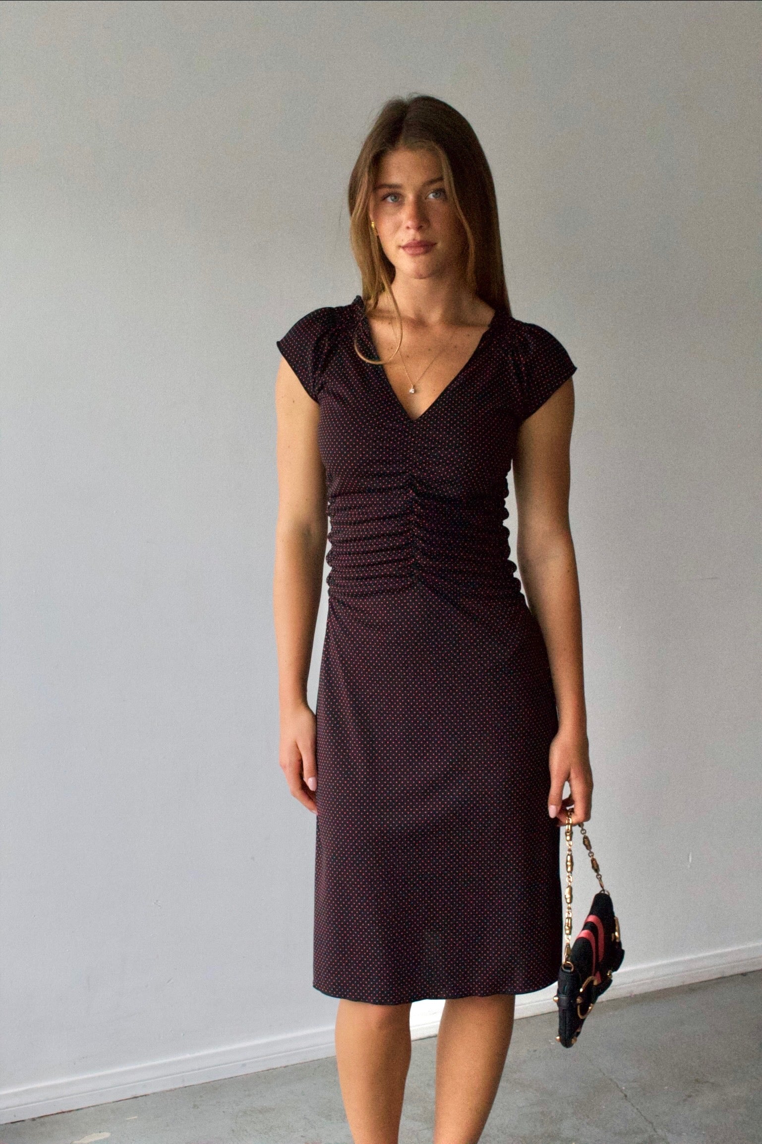 Express Polka Dot Ruched Midi Dress
