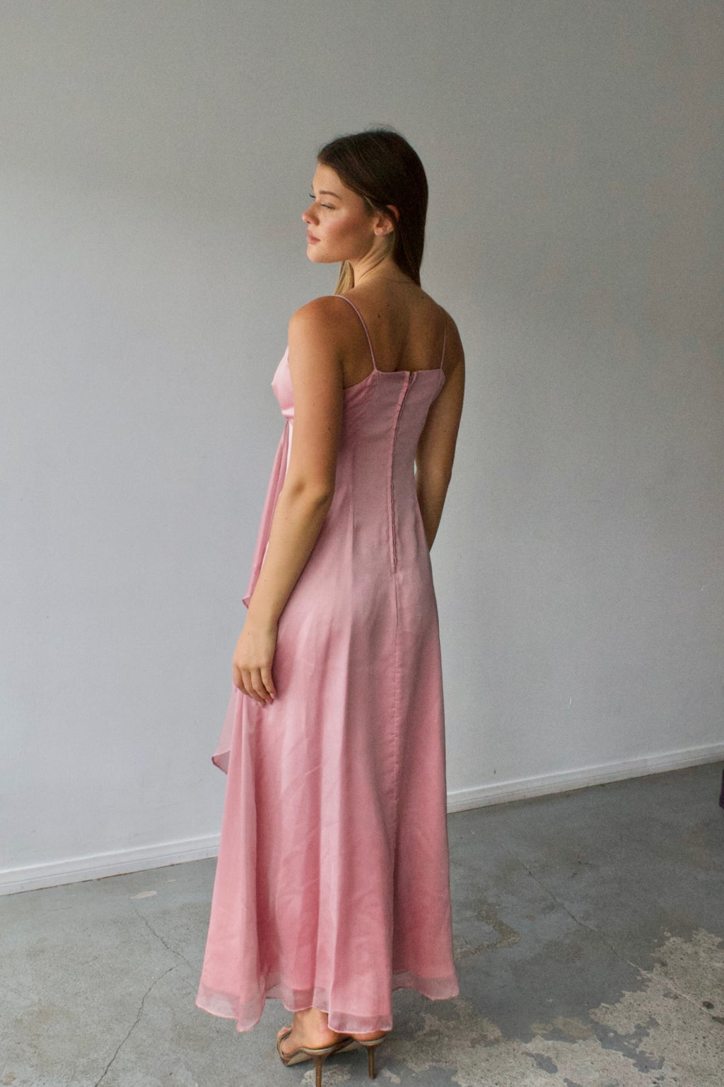 Iridescent Pink Ruffle Maxi Dress