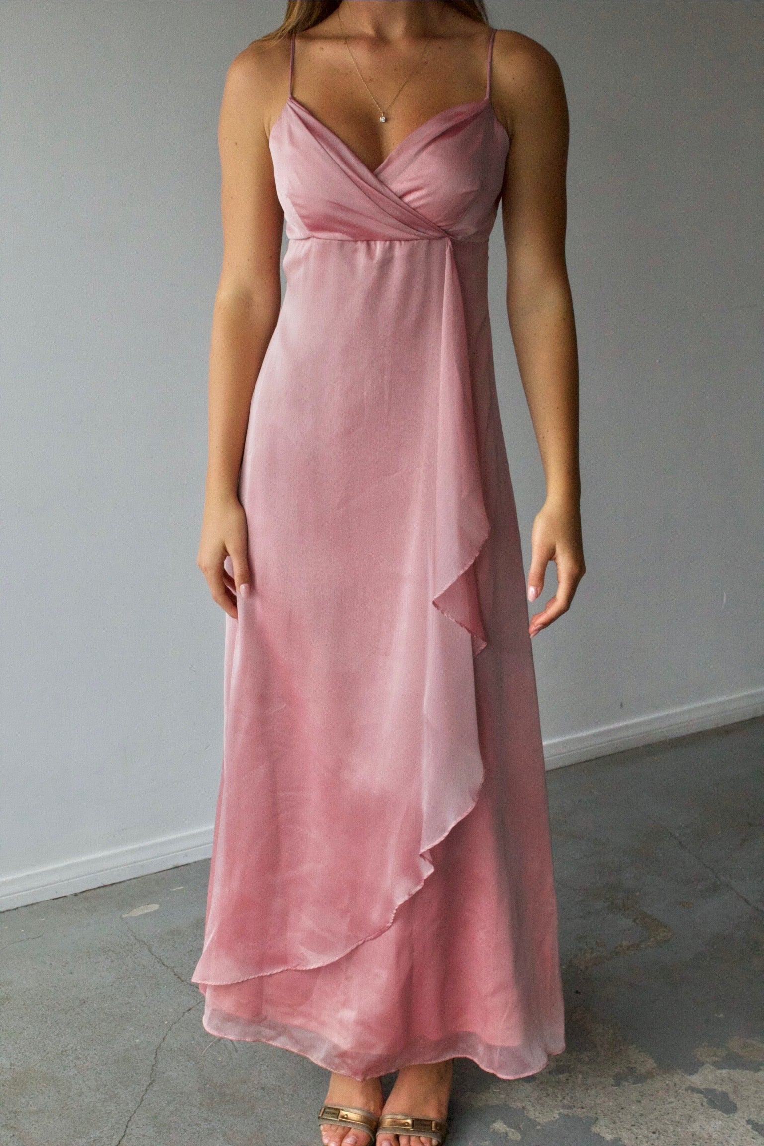 Iridescent Pink Ruffle Maxi Dress