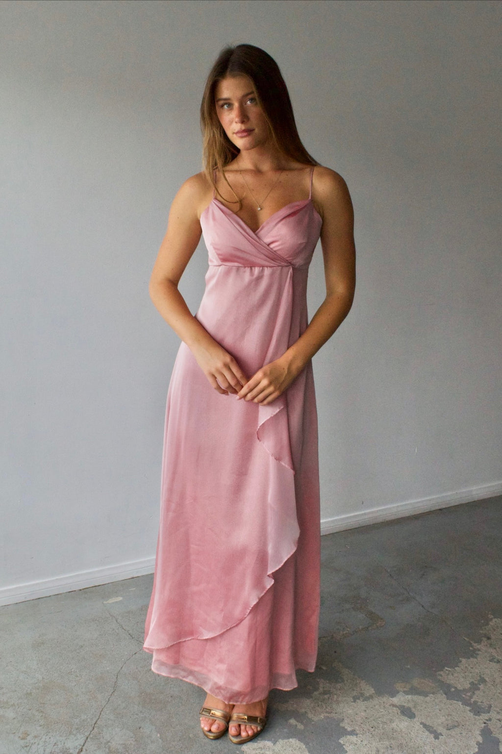 Iridescent Pink Ruffle Maxi Dress