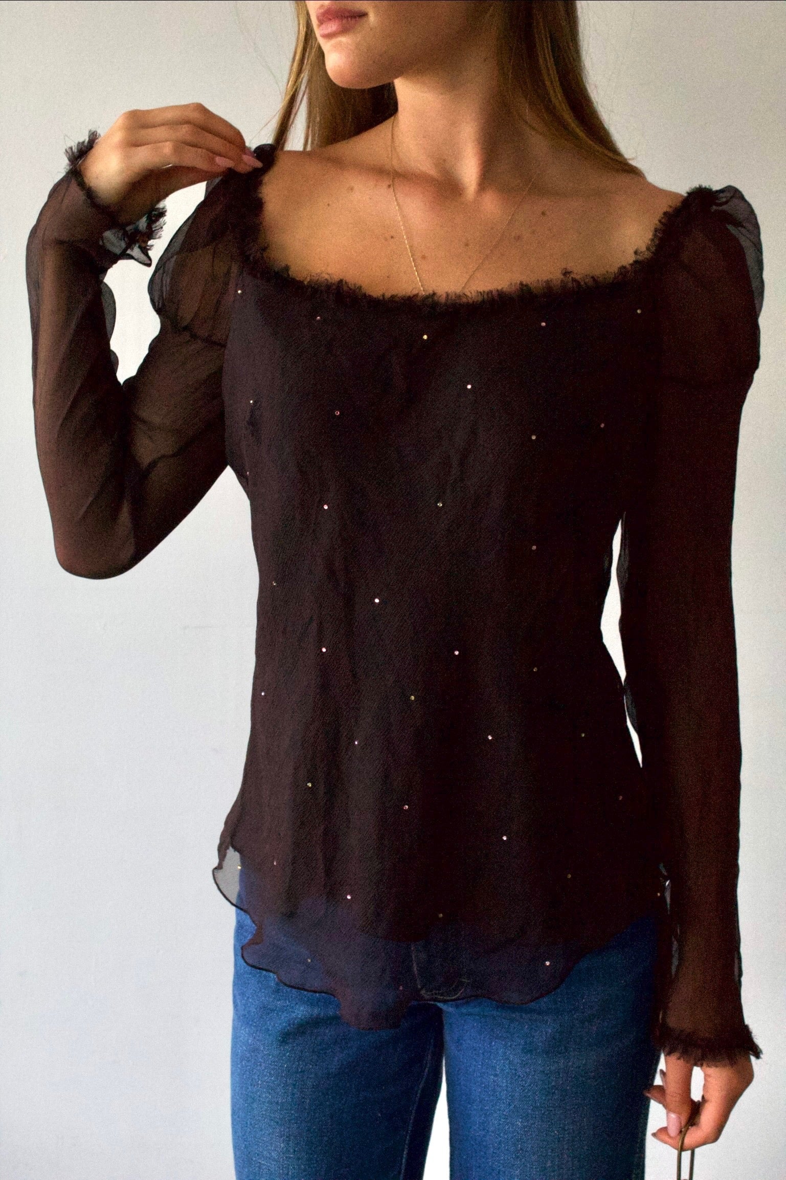 Rebecca Taylor Brown Rhinestone 100% Silk Top