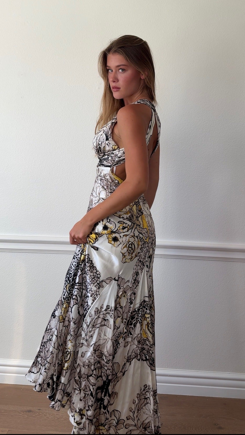 Nina Austin Cream Beaded Floral Halter Gown