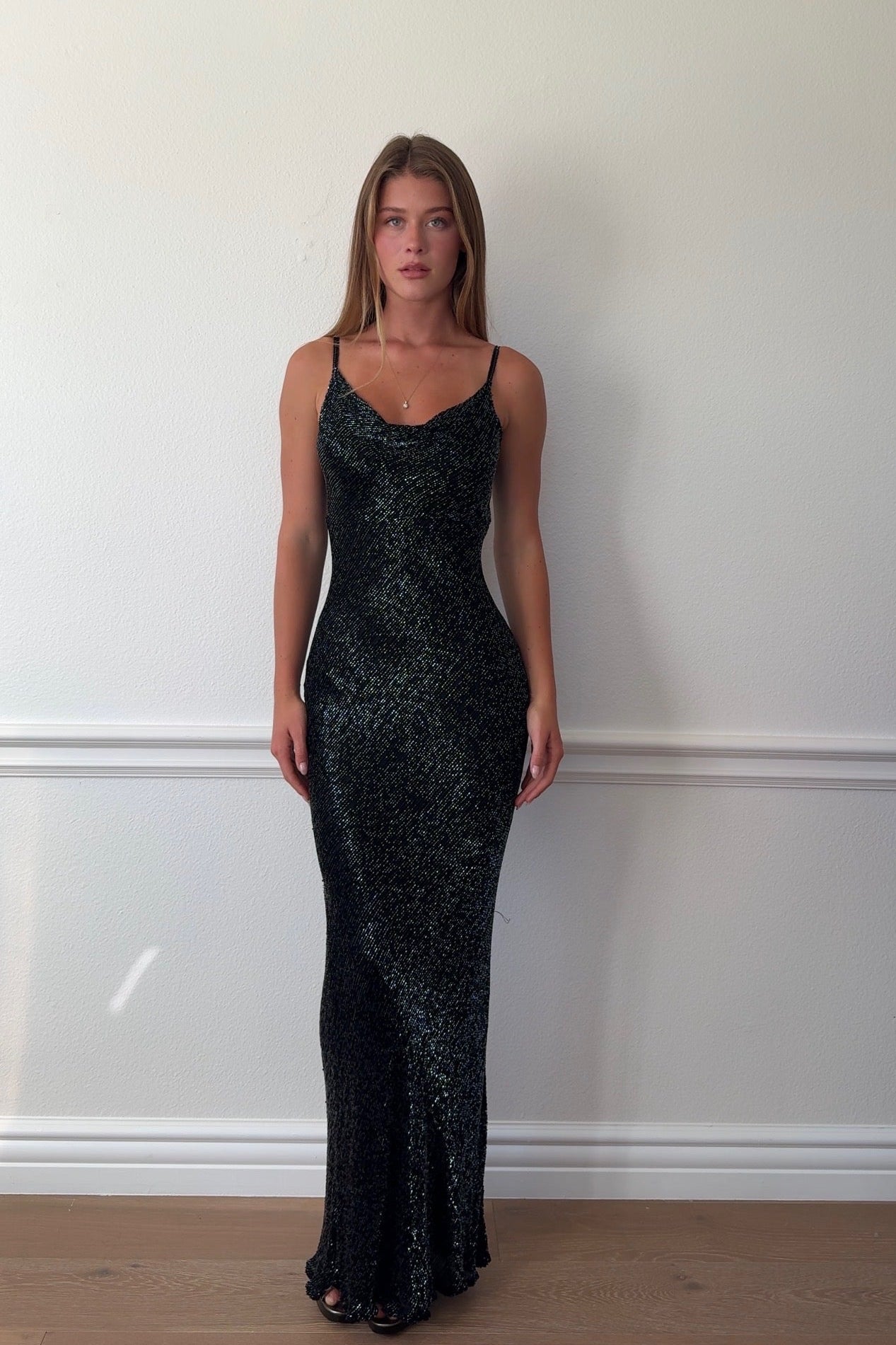 Scala 100% Silk Beaded Cowl Neck Gown