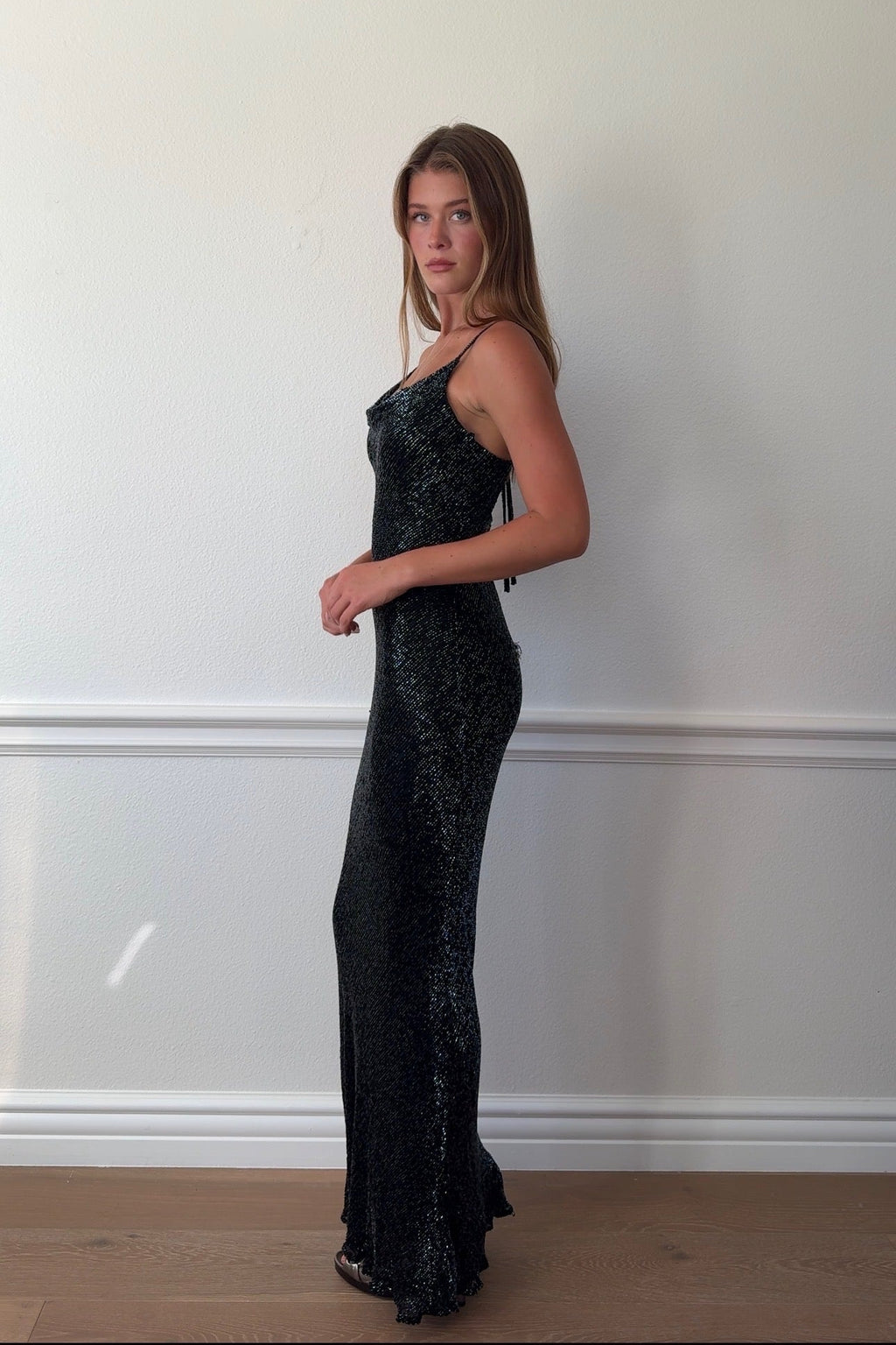 Scala 100% Silk Beaded Cowl Neck Gown