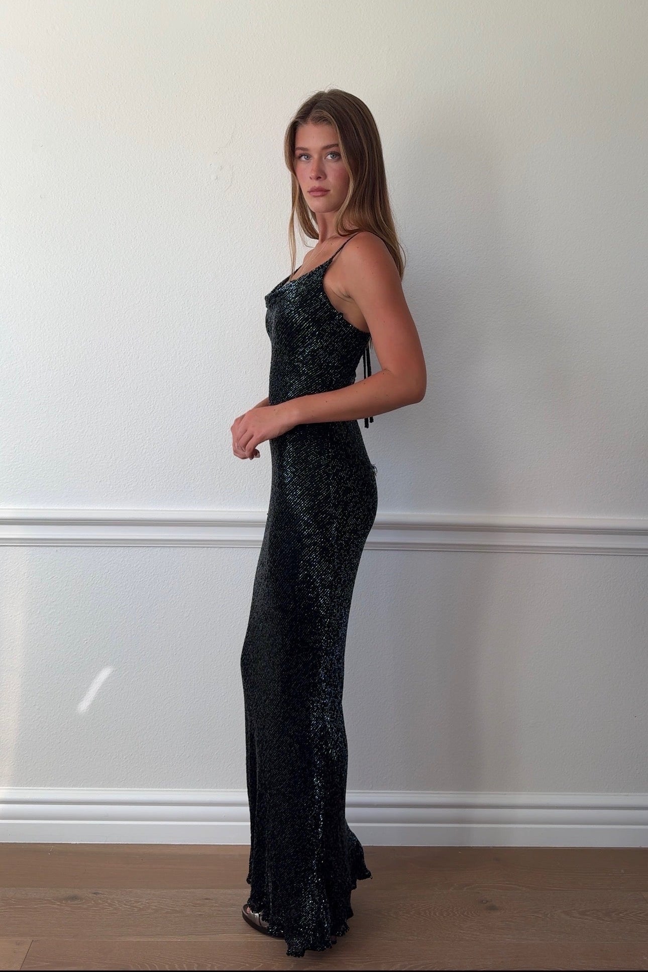 Scala 100% Silk Beaded Cowl Neck Gown