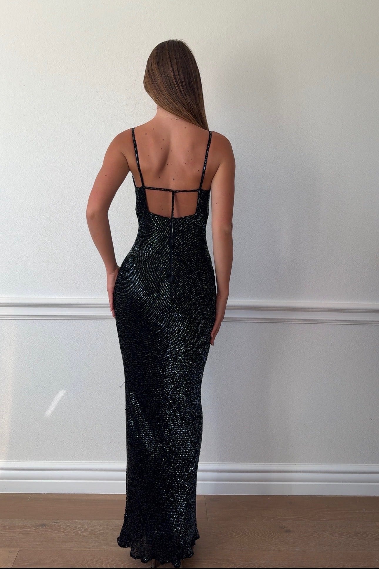 Scala 100% Silk Beaded Cowl Neck Gown
