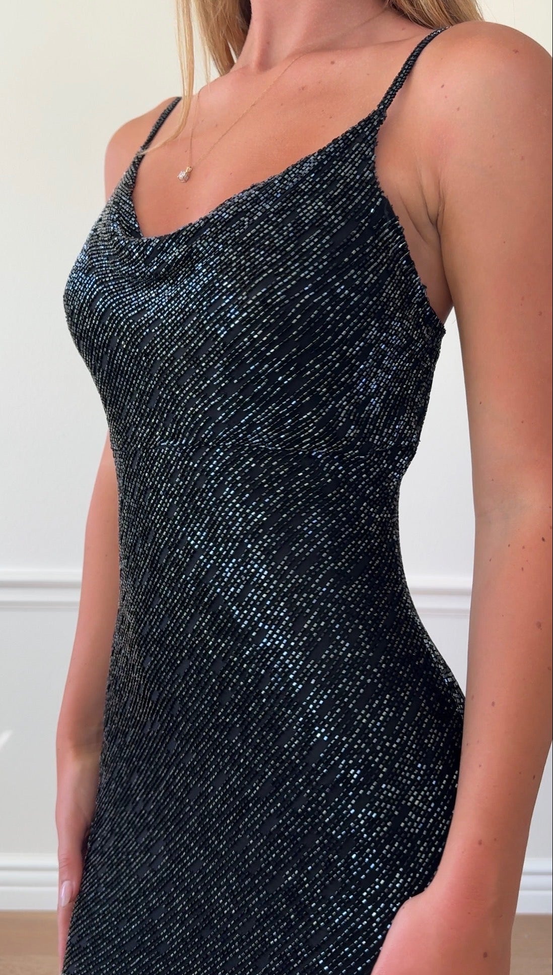 Scala 100% Silk Beaded Cowl Neck Gown