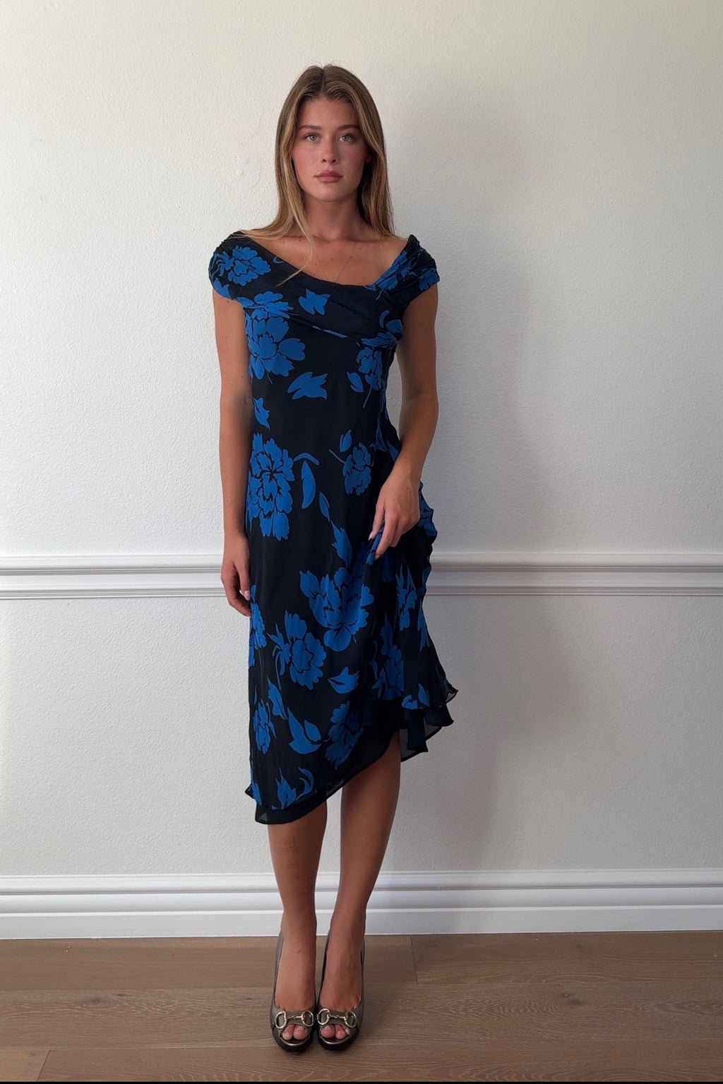 London Times Silk Asymmetric Midi Dress