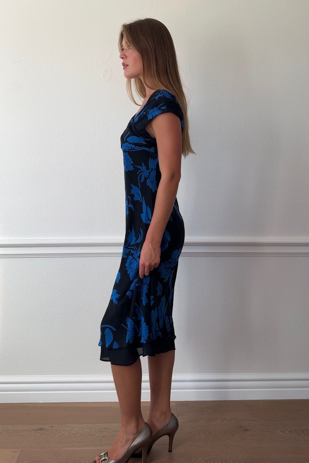 London Times Silk Asymmetric Midi Dress