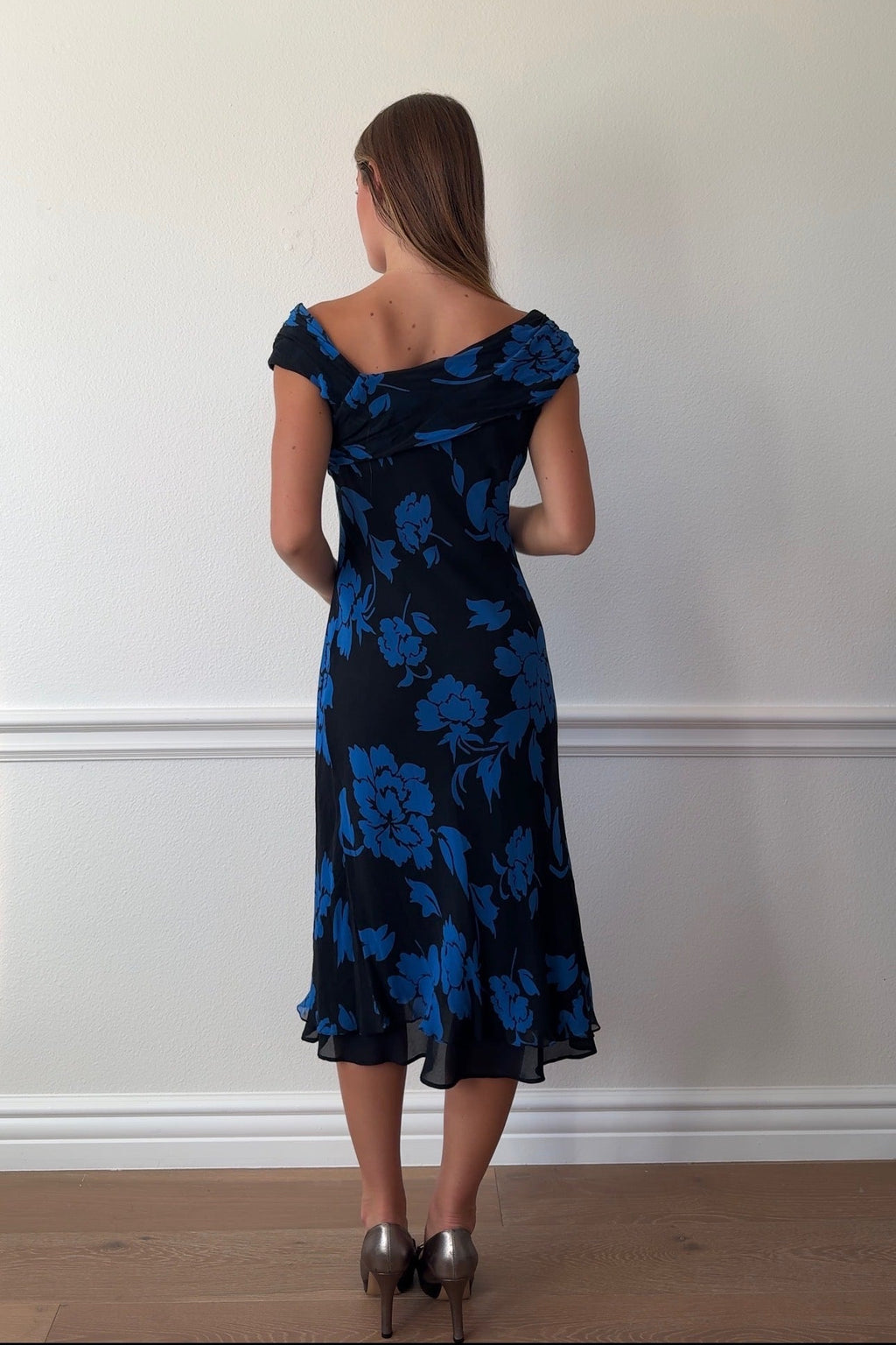 London Times Silk Asymmetric Midi Dress