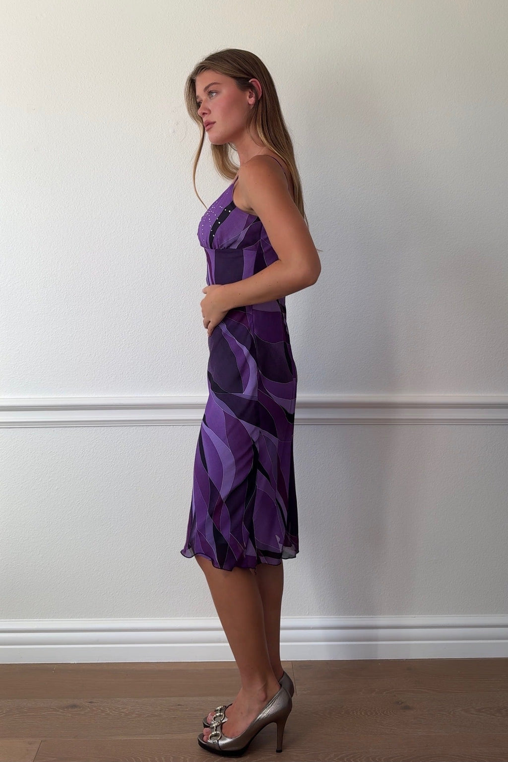 XOXO Jeweled Purple Abstract Print Midi Dress