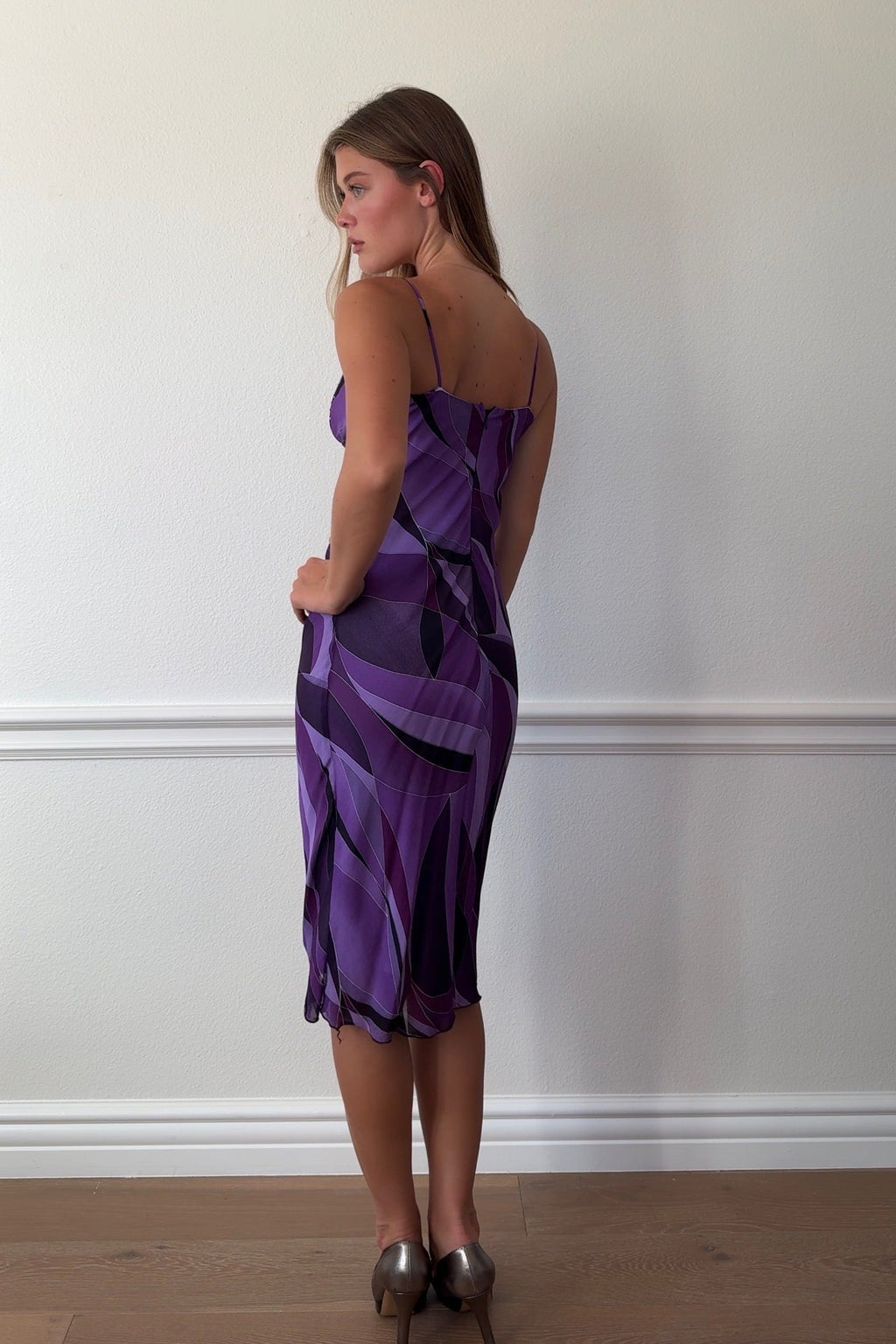 XOXO Jeweled Purple Abstract Print Midi Dress