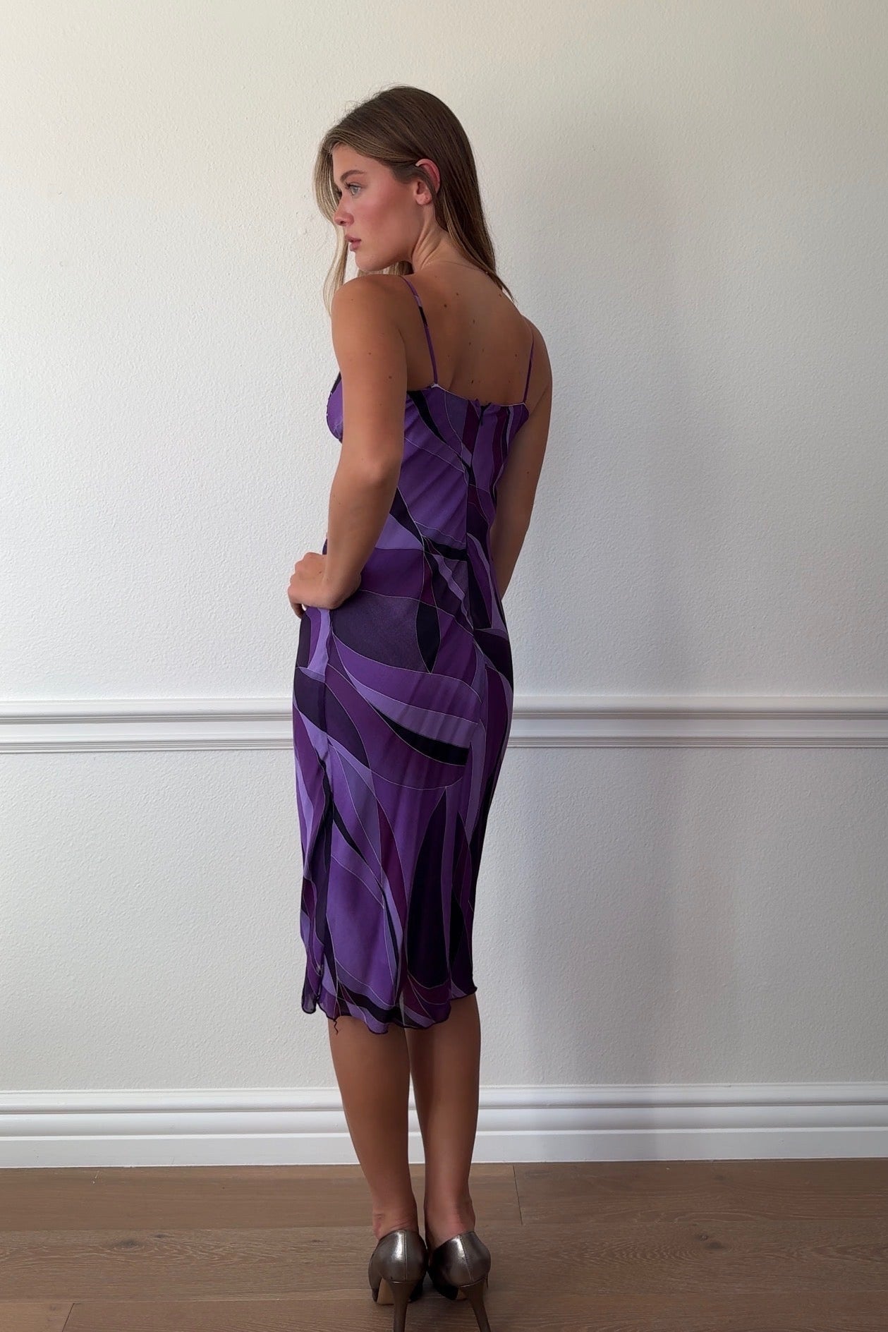 XOXO Jeweled Purple Abstract Print Midi Dress