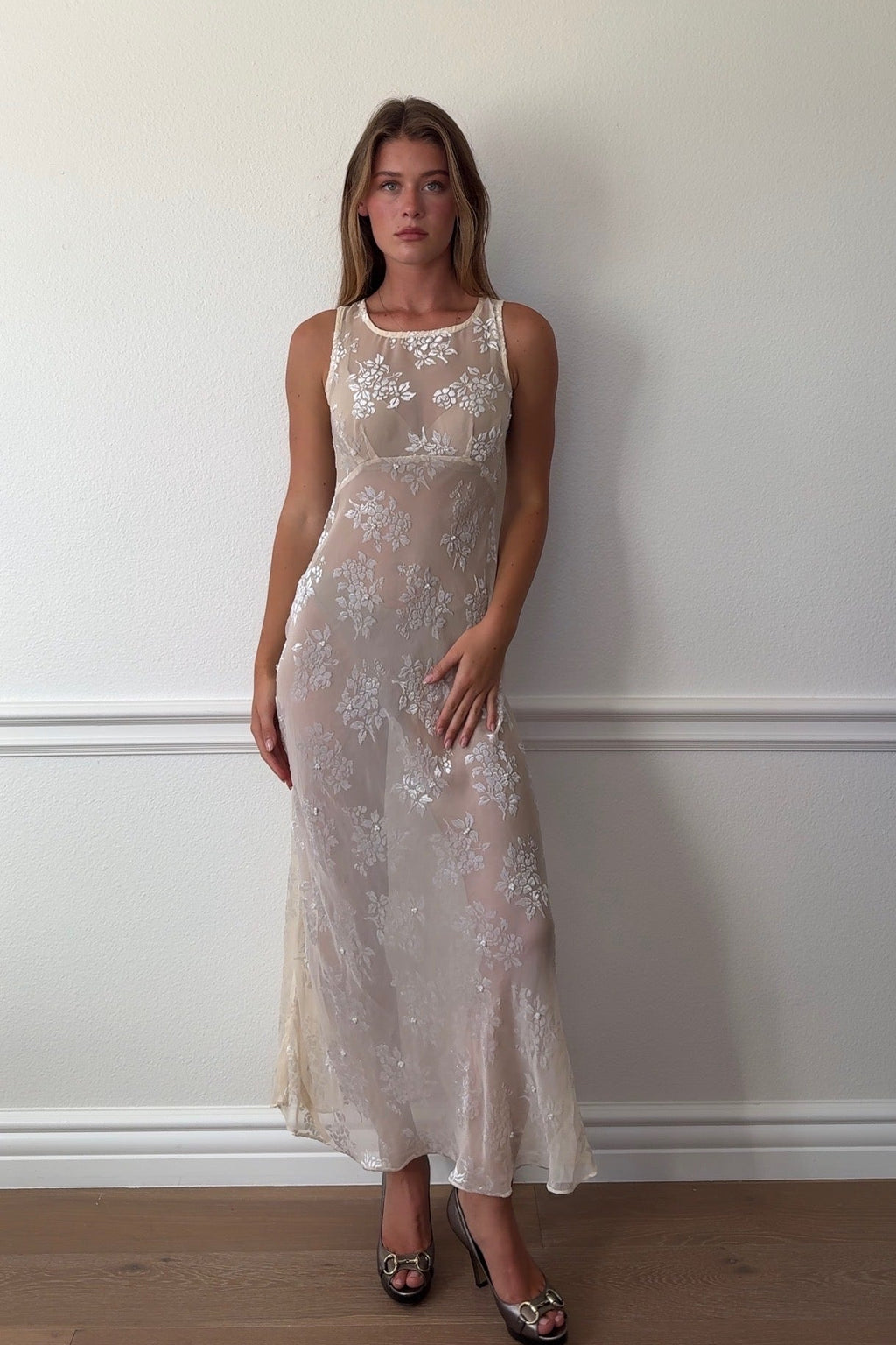 Unbranded Sheer Beaded Pearl Detail Maxi Dress