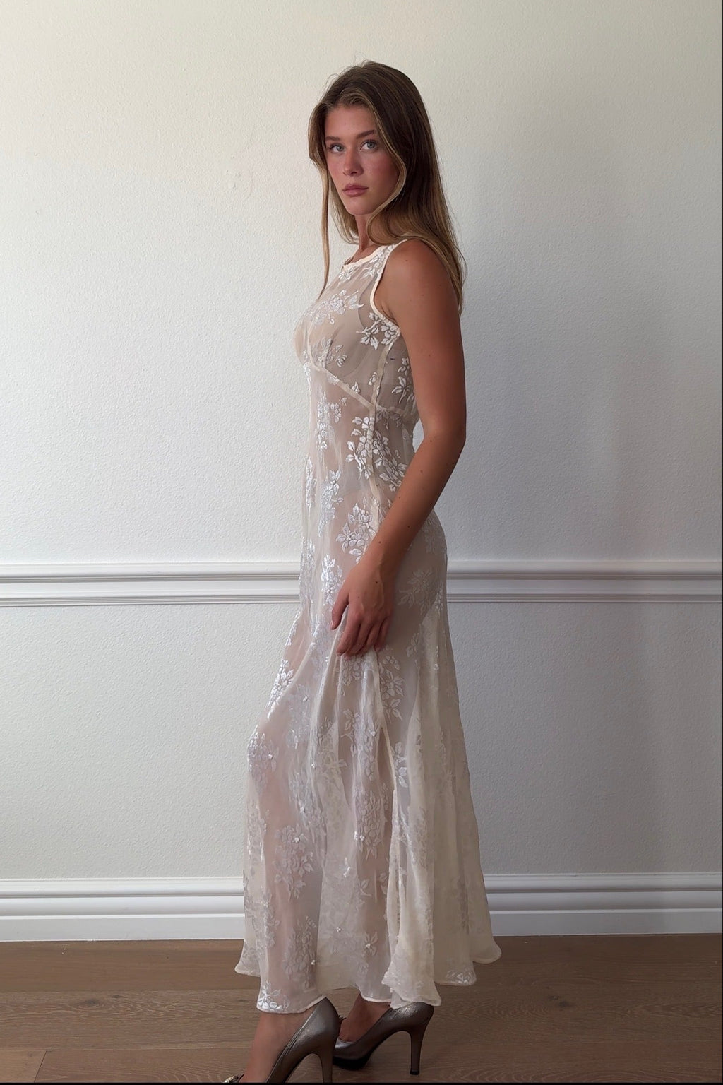 Unbranded Sheer Beaded Pearl Detail Maxi Dress