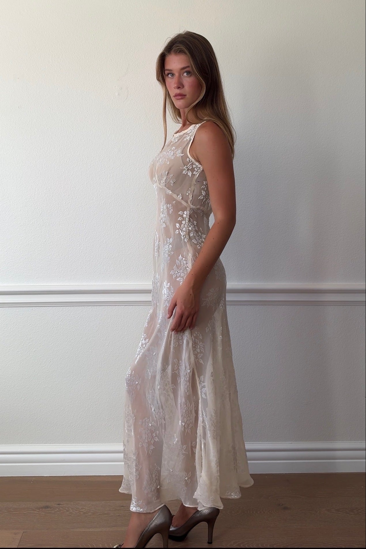 Unbranded Sheer Beaded Pearl Detail Maxi Dress
