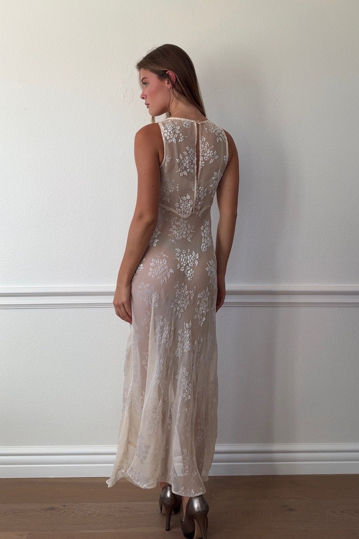 Unbranded Sheer Beaded Pearl Detail Maxi Dress