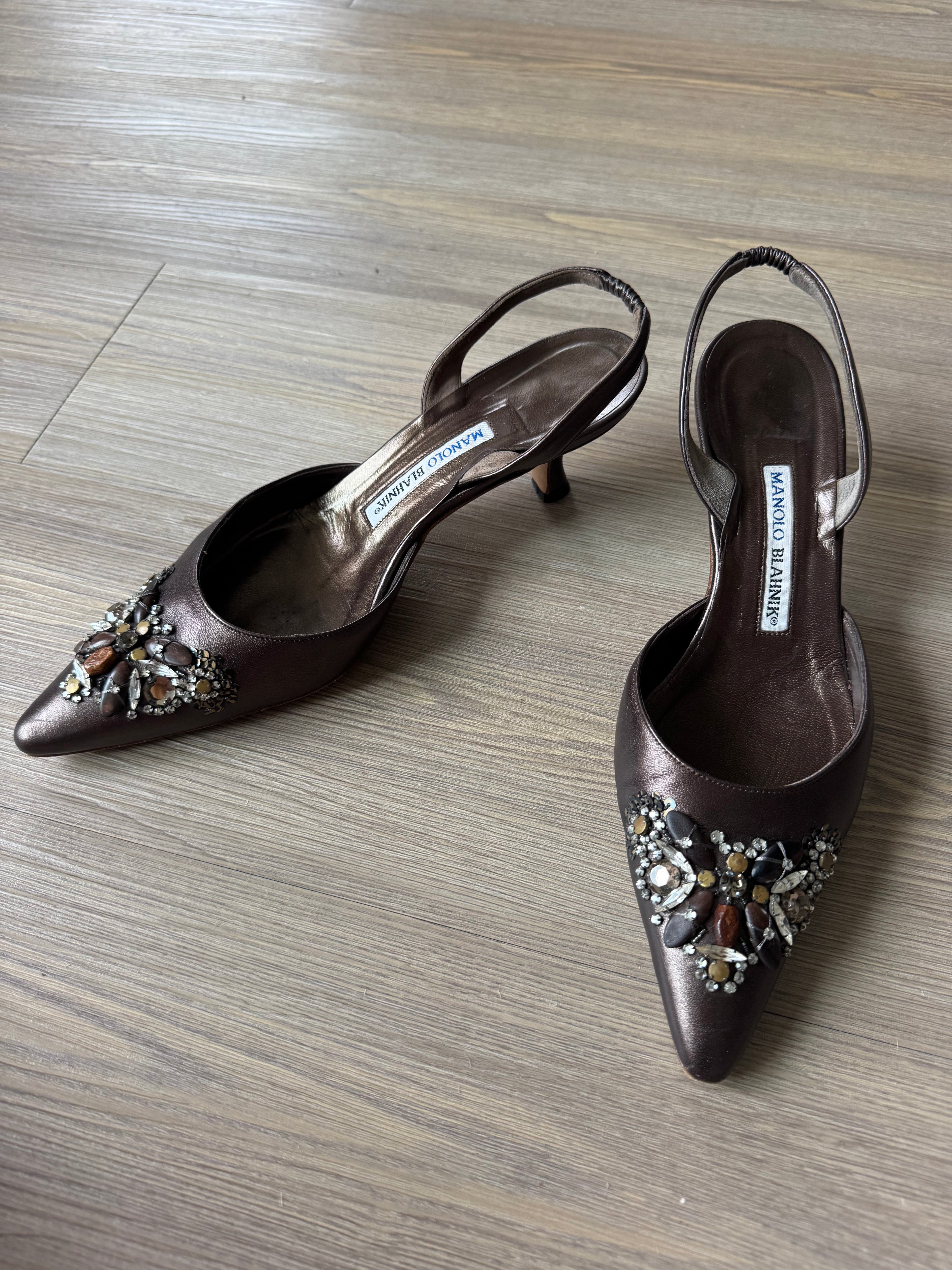Manolo Blahnik Jeweled Kitten Heel Slingbacks (39)