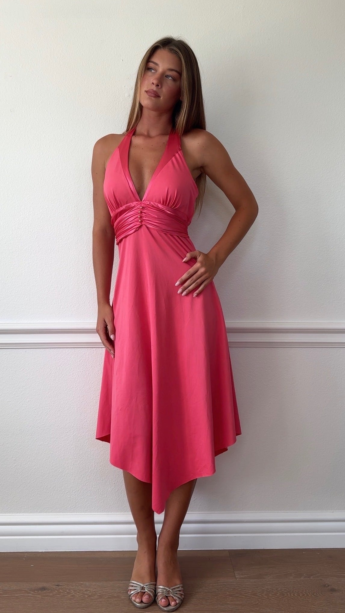 alyn paige halter dress Pink Satin Ruched Maxi – After 5 Archive non-iron